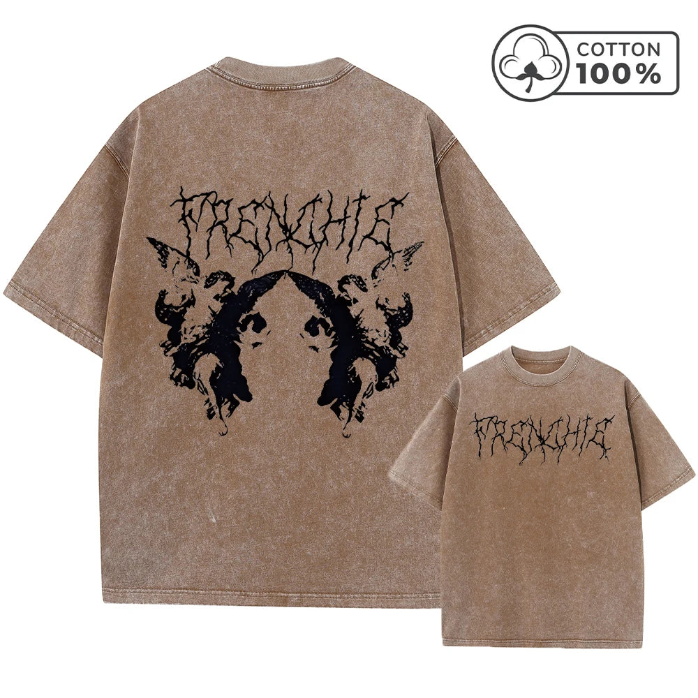 Men's Y2K Style Thorn Angel Print Retro Washed T-Shirt Summer Distressed Loose Casual Fashion Short Sleeved Fitness Commuter Top
