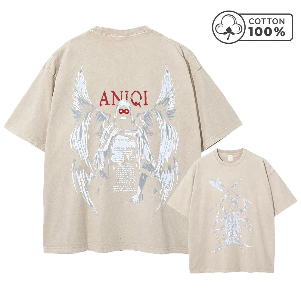 Men's Distressed Washed T-Shirt With Grim Reaper Print Retro Pure Cotton Short Sleeve Comfortable And Breathable Training Top
