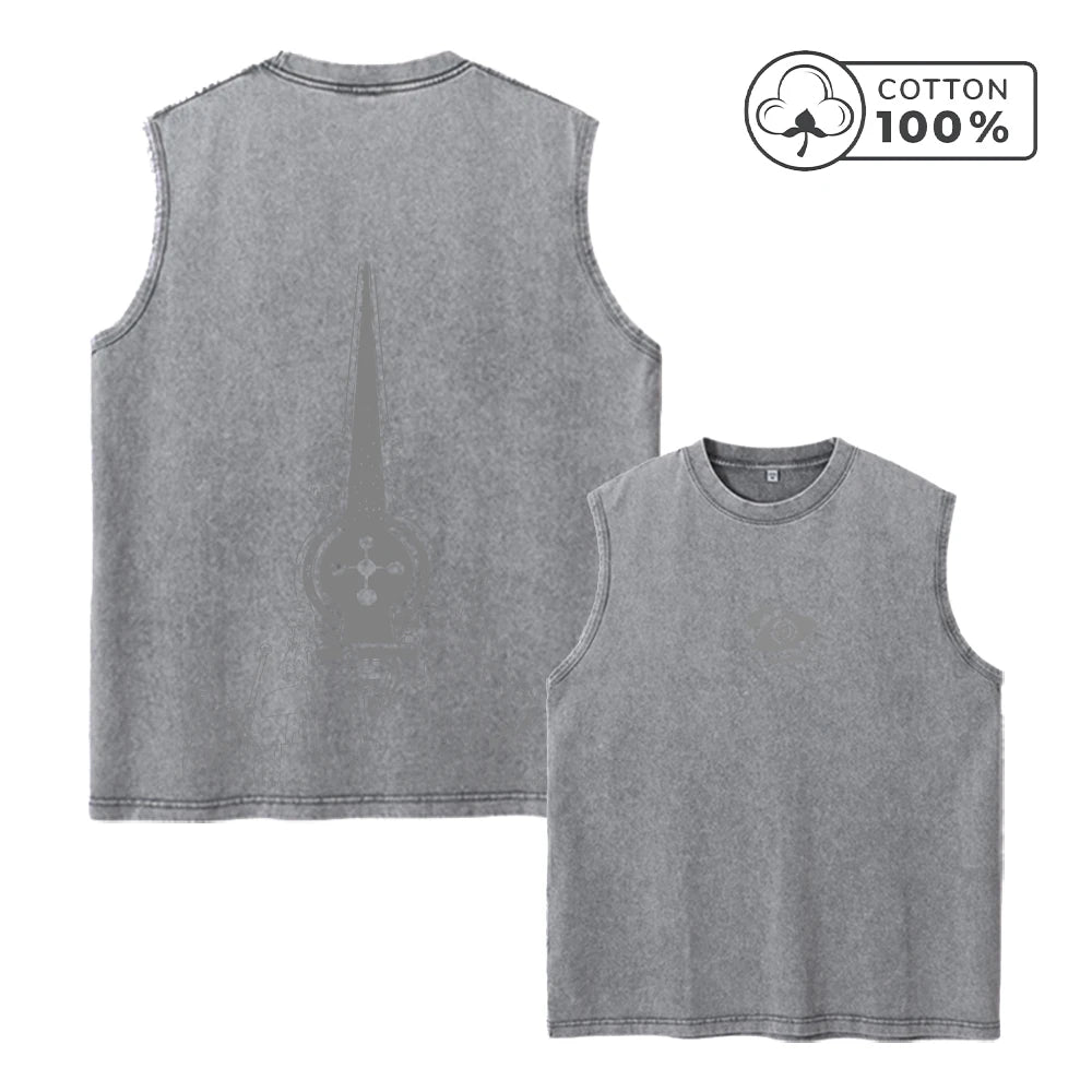 Men's Architectural Print Distressed Washed Vest Pure Cotton Breathable T-Shirt Summer Fitness Running Casual Sleeveless Vest