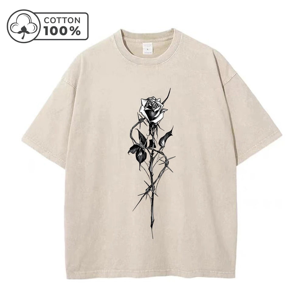 Men's Fashion Street Style Distressed Washed T-Shirt With Retro Rose Print Summer Casual Pure Cotton Breathable Short Sleeve Top