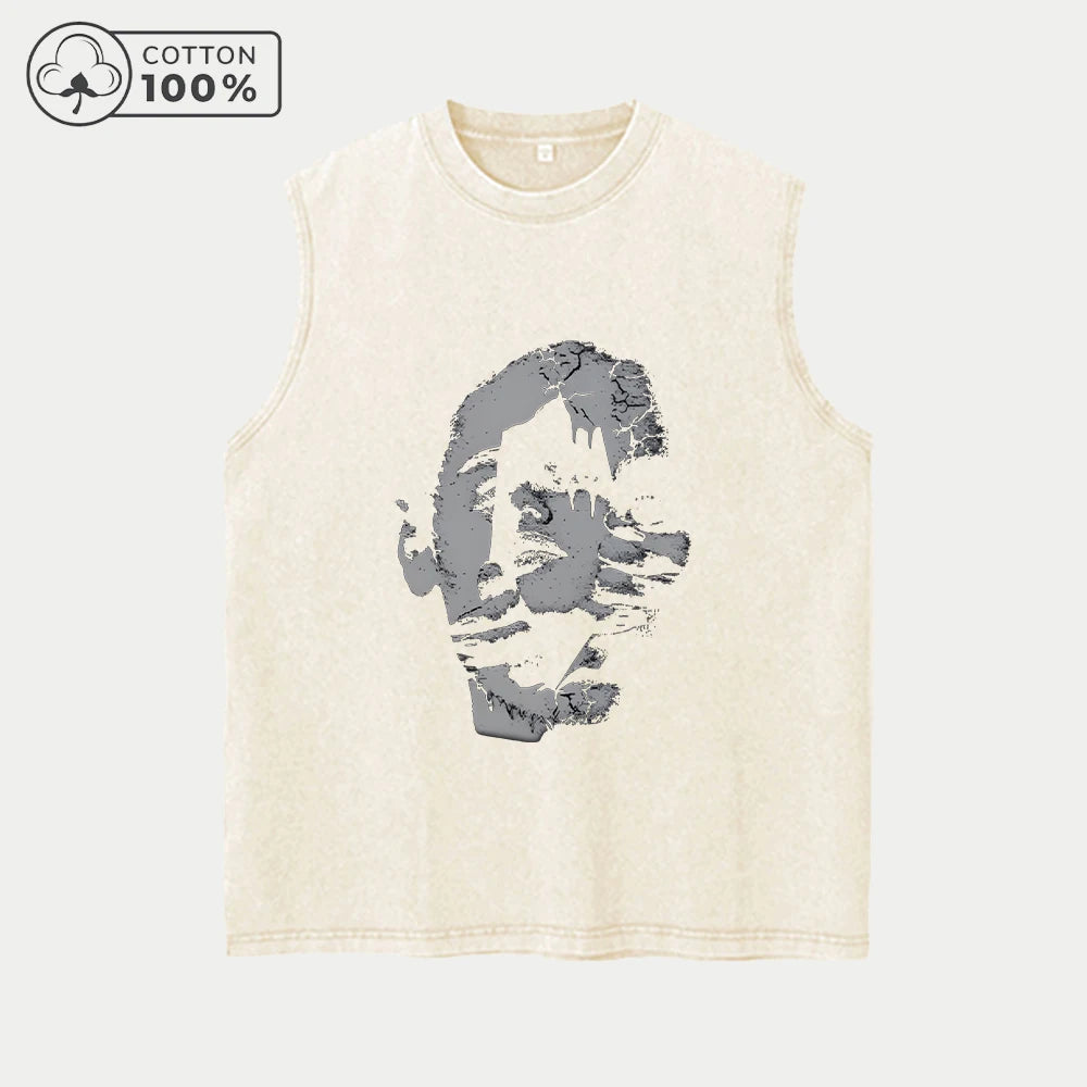Men's Fashion Creative Face Print Washed Vest Loose Casual Pure Cotton Fitness Commuter Retro Sleeveless Vest Summer Running Top