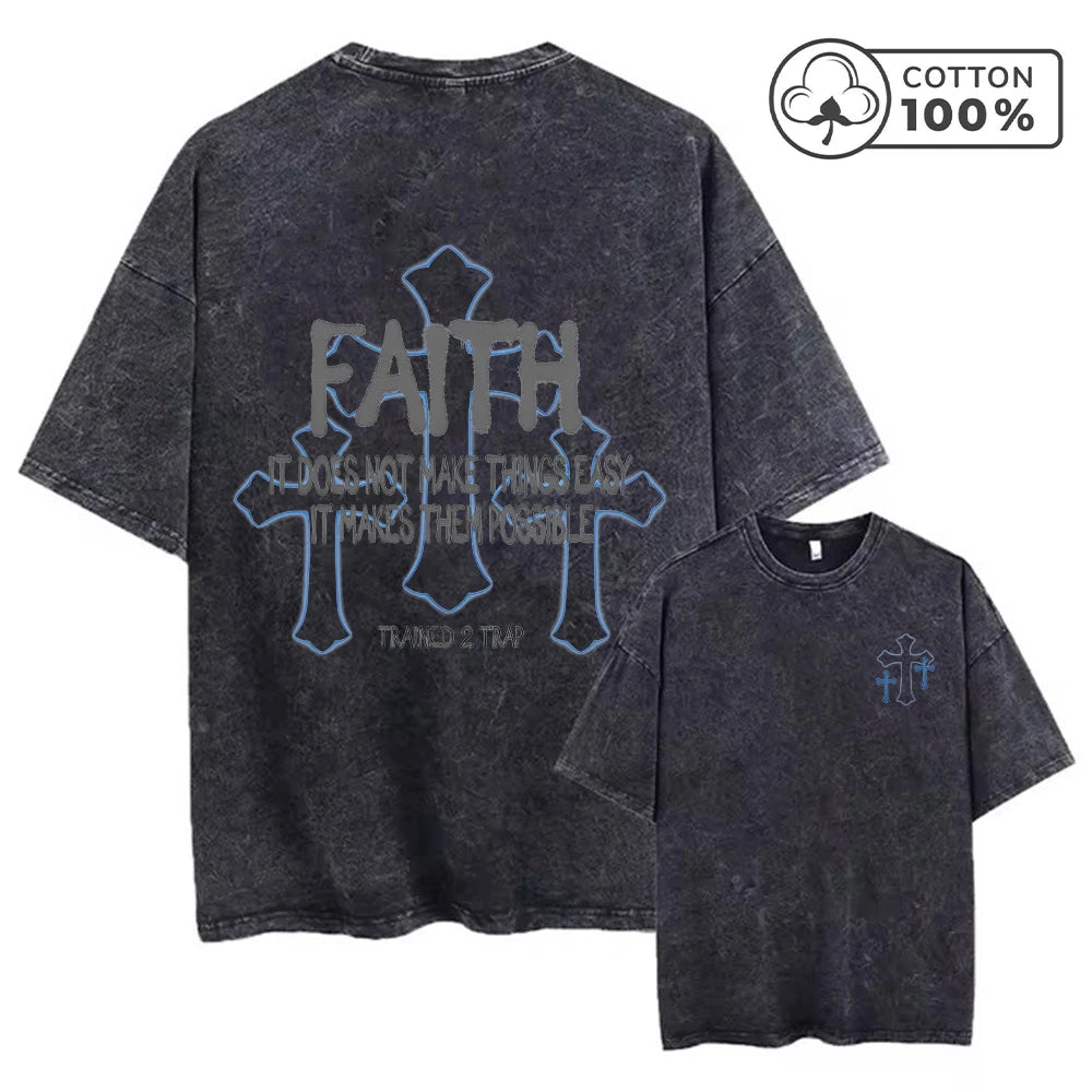 Men's Distressed Cross Print Retro Washed T-Shirt Summer Distressed Loose Casual Fashion Short Sleeve Gym And Commuter Top