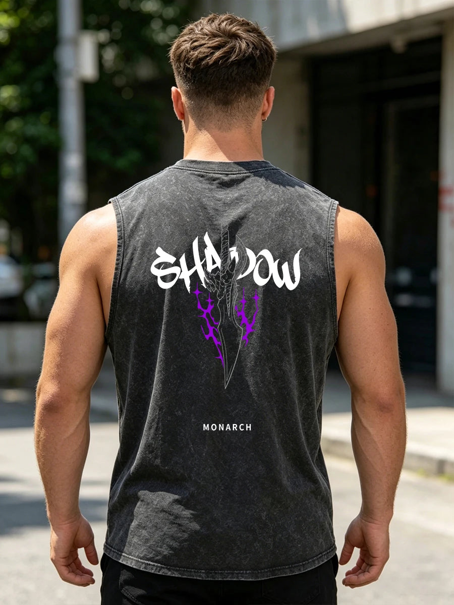Men's Personalized Weapon Print Washed Vest Pure Cotton Distressed Retro Casual Loose Top Trendy And Fashionable Sportswear