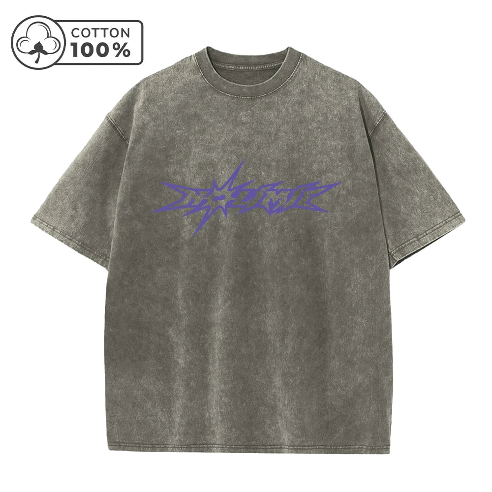 Men's Creative Purple Word Print Distressed Washed T-Shirt Loose Fit Casual Pure Cotton Crew Neck Short Sleeve Daliy Commute Top