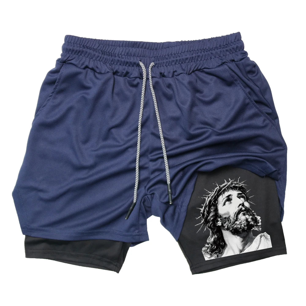 Men's Quick-Drying Athletic Shorts With Jesus Head Print Multiple Pockets Suitable For Fitness Training And Everyday Wear