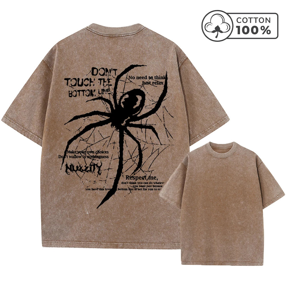 Men's Distressed Washed T-Shirt With Spider Print Retro Pure Cotton Short Sleeve Comfortable And Breathable Training Top