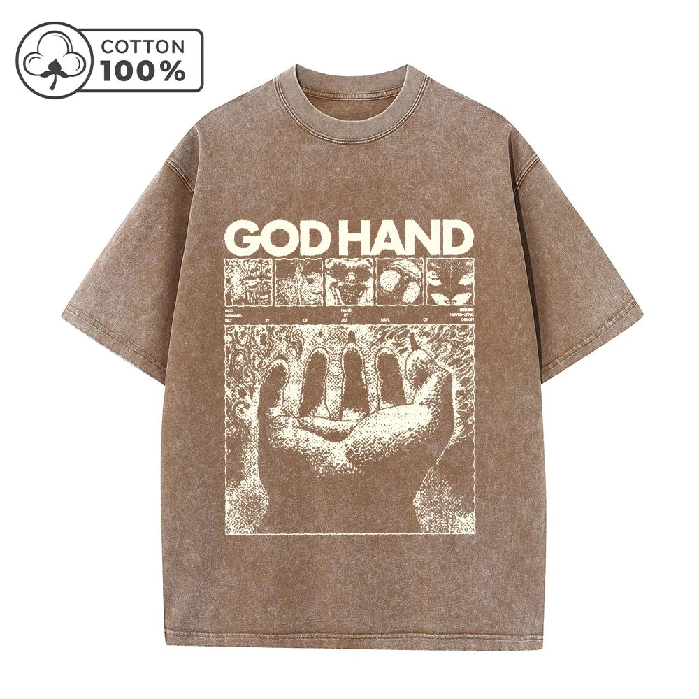 Men's Distressed Washed T-Shirt Trendy God s Hand Print Vintage Pure Cotton Short Sleeve Comfortable And Breathable Training Top
