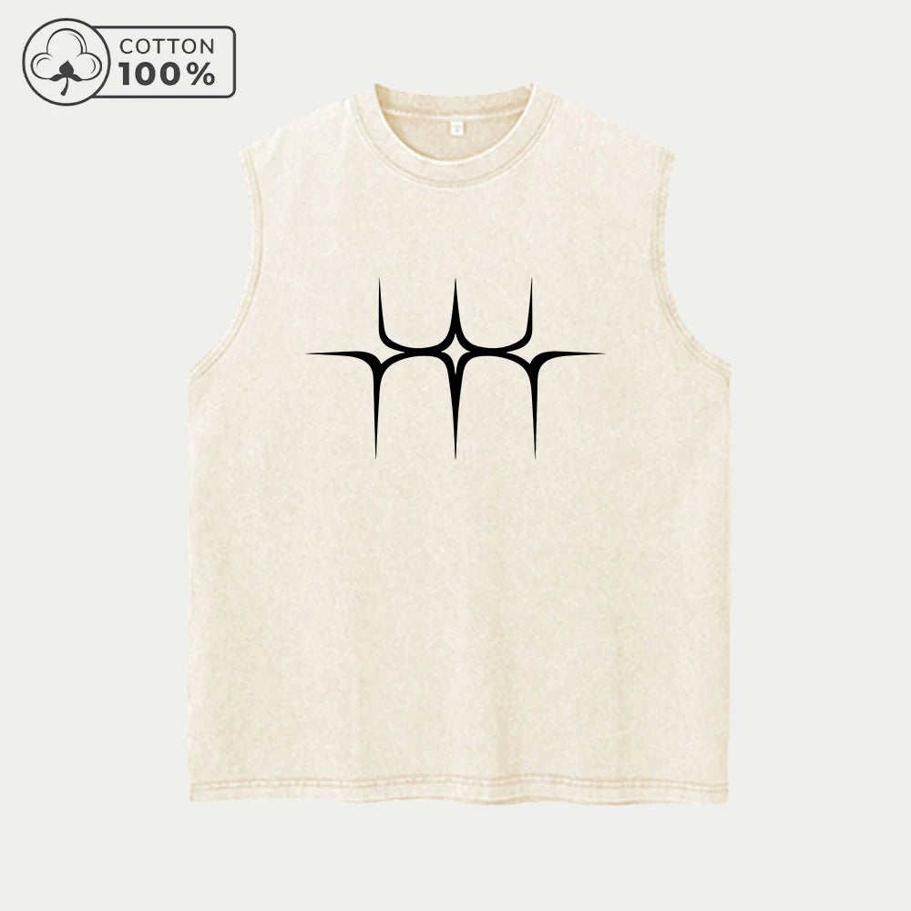 Men's Star Print Distressed Washed Vest Pure Cotton Breathable T-Shirt Summer Outdoor Fitness Running Casual Sleeveless Vest