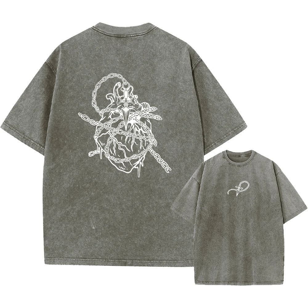 Summer Casual Printed Washed T-Shirt Loose Fitting Crew Neck Top Suitable For Everyday Commute And Lounging At Home Unisex Style
