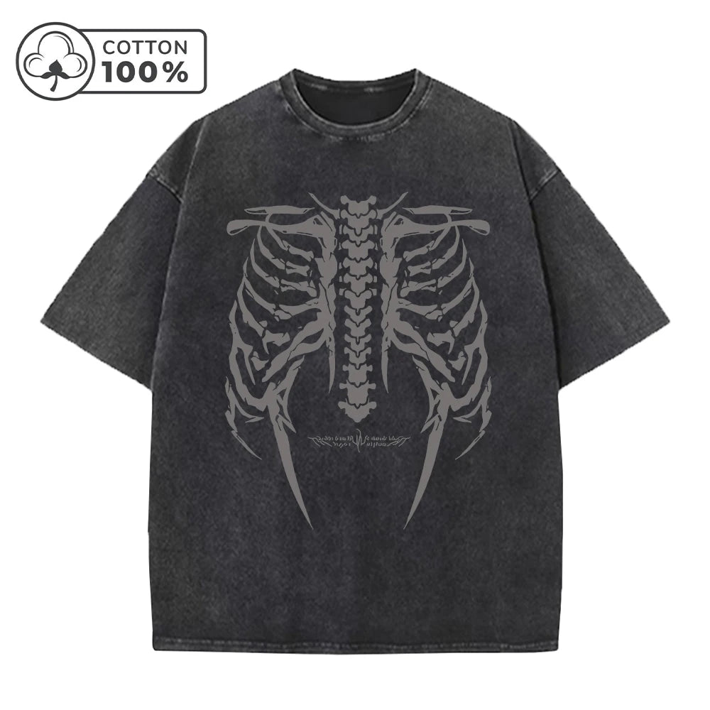 Men's Retro Dark Style Skull Print Washed T-Shirt Trendy Fashion Casual Pure Cotton Short Sleeve Outdoor Fitness Commuter Top