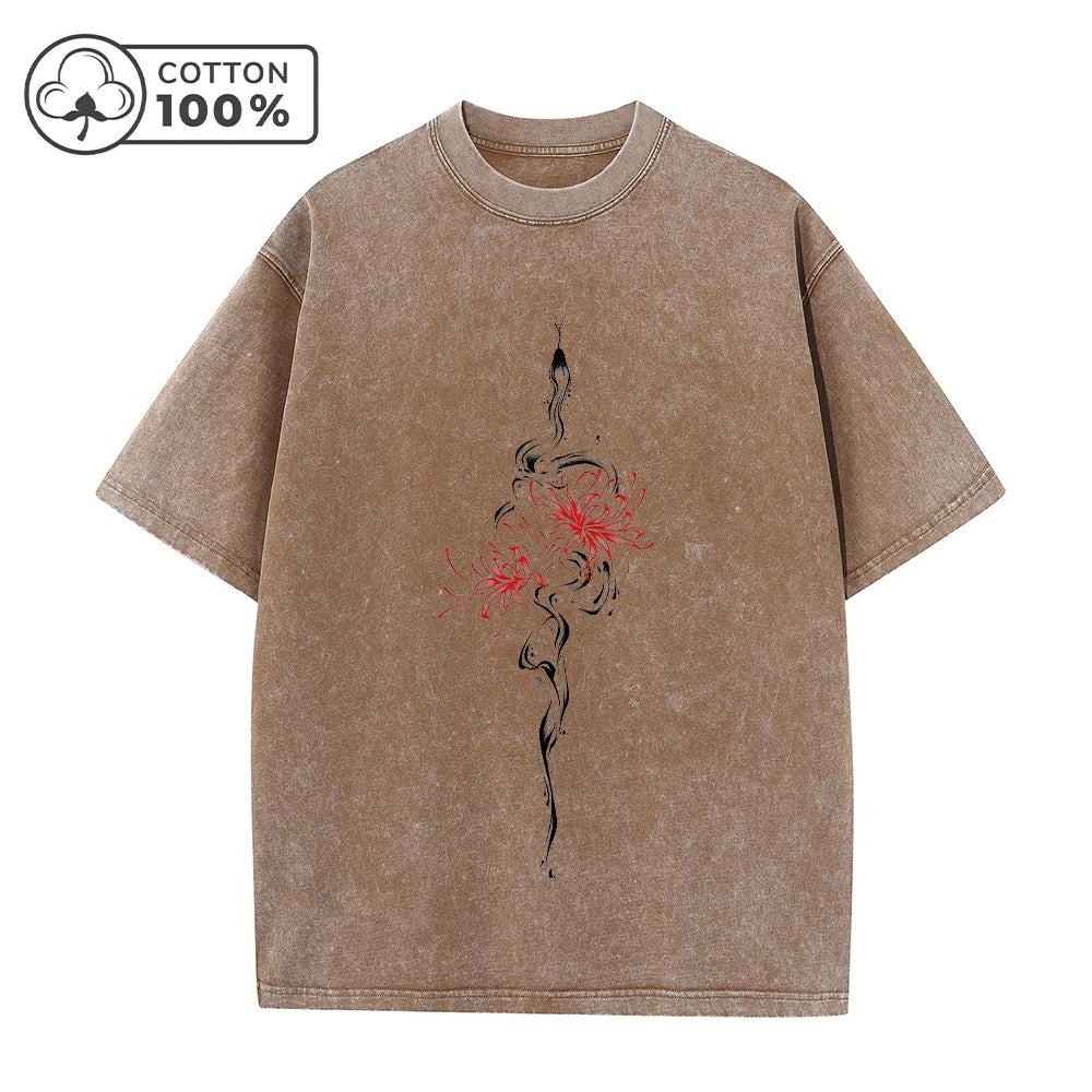 Men's Retro Casual Washed T-Shirt Summer Fashion Snake And Flower Print Pure Cotton Crew Neck Short Sleeve Street Commuter Top