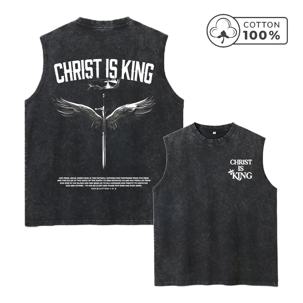 Men's Heavyweight Pure Cotton Washed Sleeveless Vest Trendy Crown And Sword Print Top Retro Distressed 2026 Street Style Vest