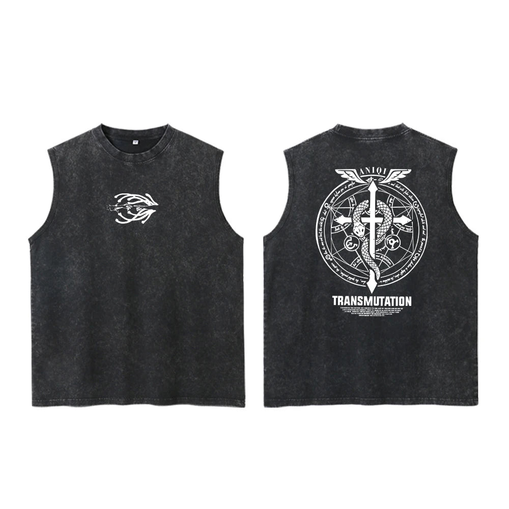 Anime Fullmetal Alchemist Acid Vest 100% Cotton Printed Top Harajuku Retro Gothic Street Fashion Style Black Vest Unisex Summer
