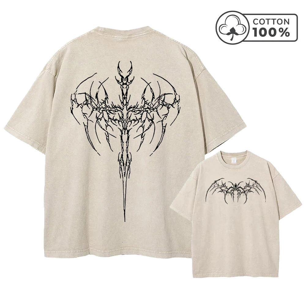 Men's Thorn Wings Print Retro Washed T-Shirt Trendy Streetwear Fitness Top Summer Casual Pure Cotton Breathable Short Sleeve Top