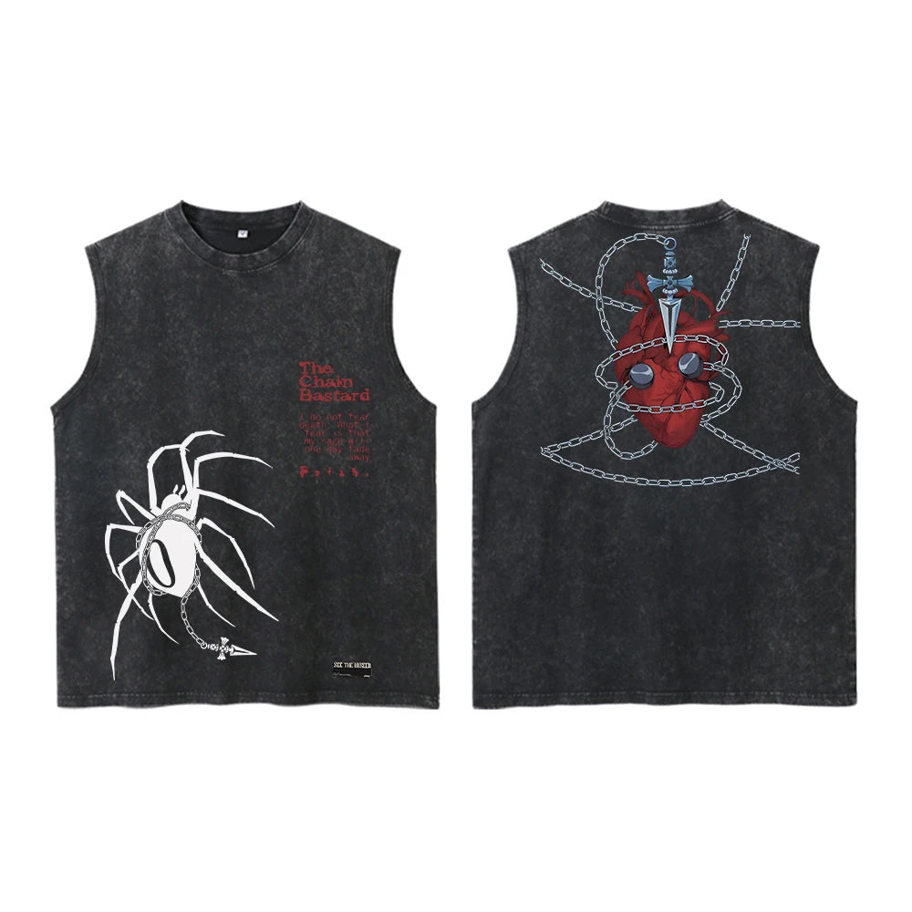 Anime Hunter X Hunter Acid Vest Retro Vintage Printed Washed Graphic Vest Men Harajuku Y2k Cotton Casual Tshirt Tops Unisex
