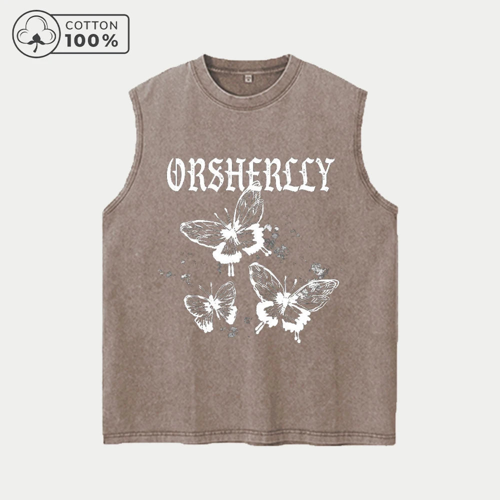 Men's Y2K Trendy Butterfly Print Retro Washed Vest Summer Fitness Daily Commute Top Casual Fashion Street Style Pure Cotton Vest