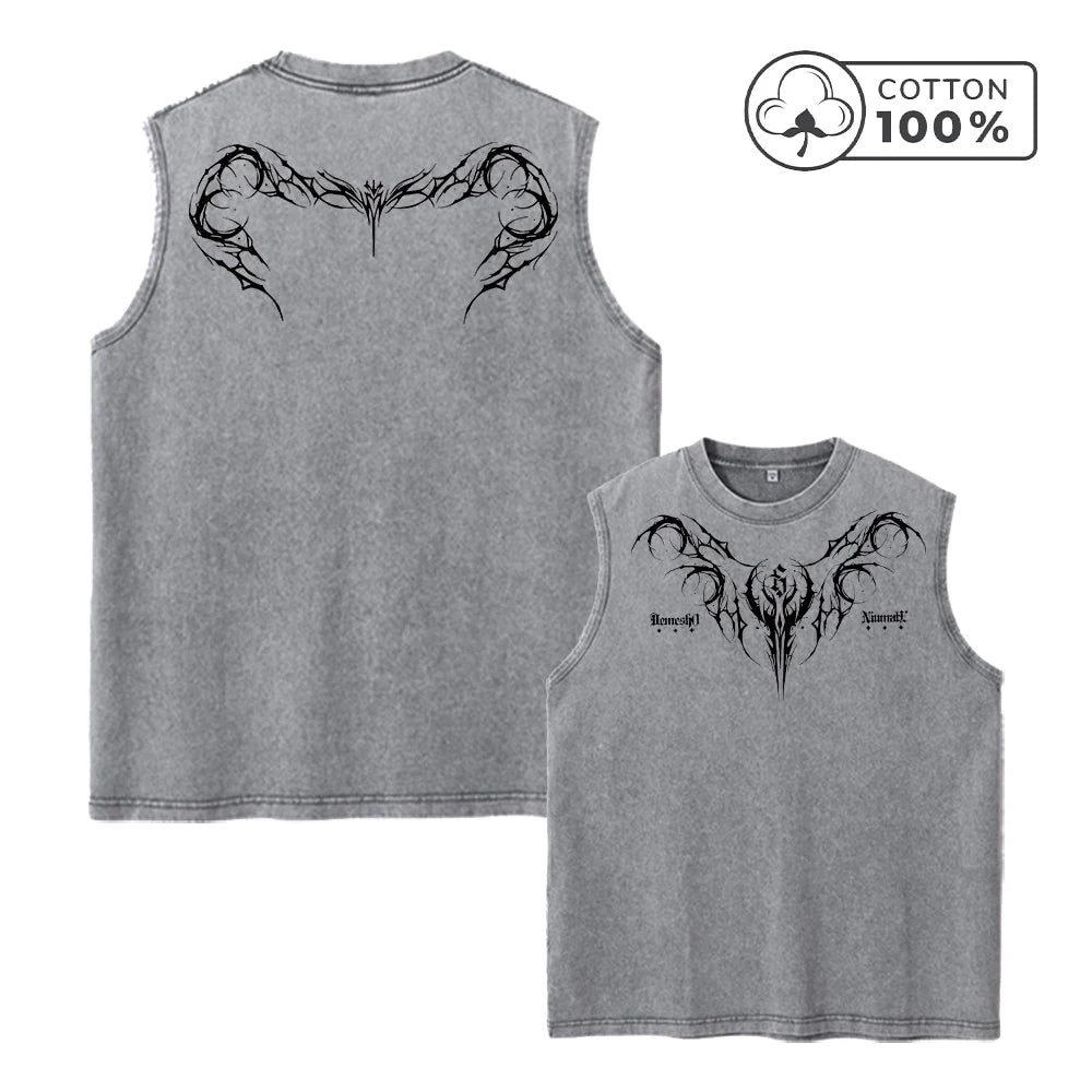 Men's Unique Thorn And Sheep Bone Print Fashion Retro Washed Vest Summer Fitness Loose Casual Pure Cotton Sleeveless T-Shirt