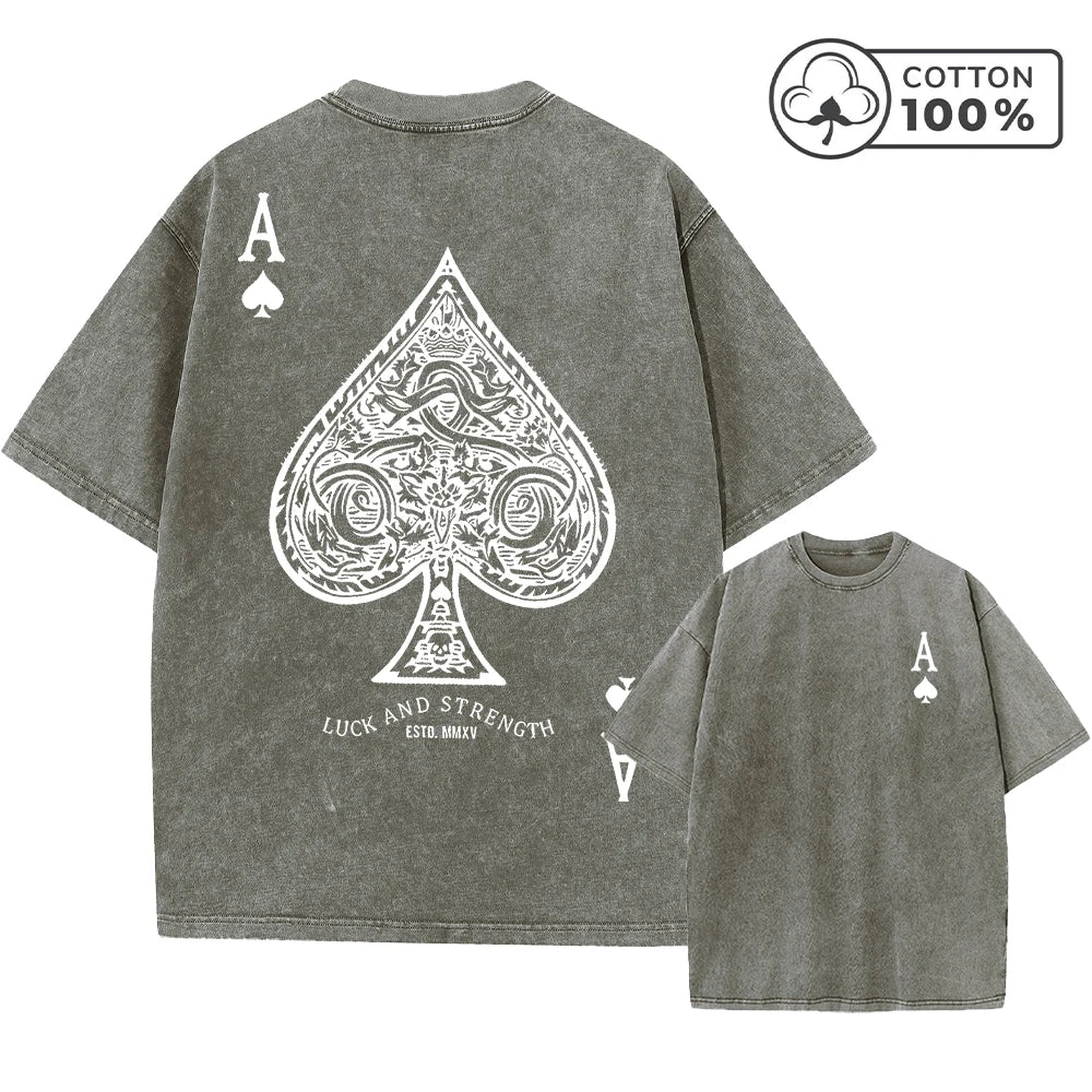 Men's Gothic Style Ace Of Spades Print Washed T-Shirt Summer Distressed Loose Fit Casual Fashion Short Sleeve Gym Commuter Top