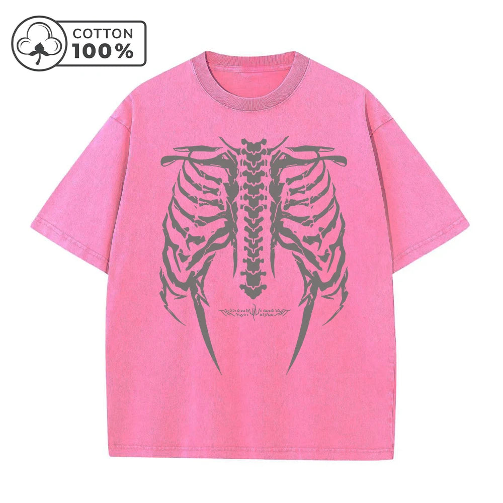 Men's Retro Dark Style Skull Print Washed T-Shirt Trendy Fashion Casual Pure Cotton Short Sleeve Outdoor Fitness Commuter Top