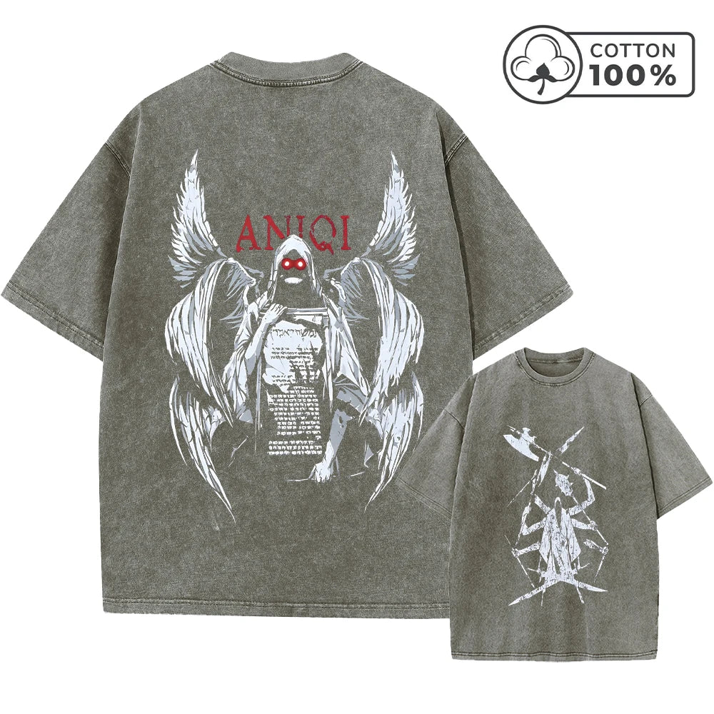 Men's Distressed Washed T-Shirt With Grim Reaper Print Retro Pure Cotton Short Sleeve Comfortable And Breathable Training Top