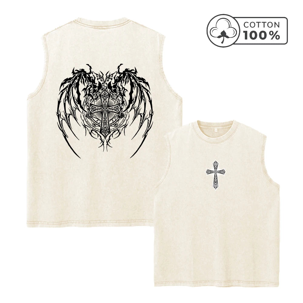 Men's Retro Washed Vest With Cross Wing Print Loose Fit Casual Pure Cotton Sleeveless Top Summer Fitness Running Base Shirt