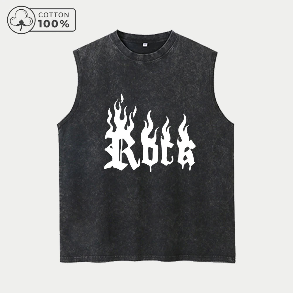 Men's Distressed Washed Vest Summer Casual Flame Word Print Pure Cotton Sleeveless T-Shirt Everyday Streetwear And Commuter Top