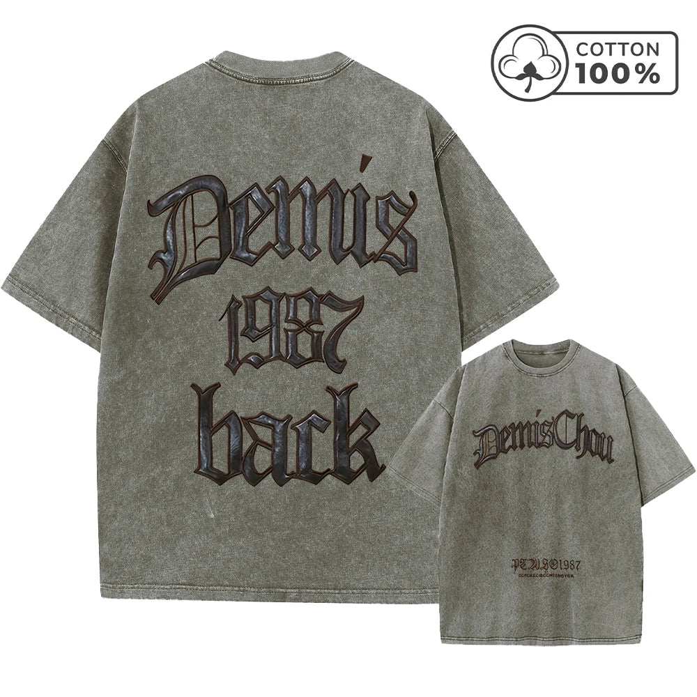 Men's Retro Casual Washed T-Shirt Summer Fashion Word Print Pure Cotton Crew Neck Short Sleeve Street Gym Commuter Top