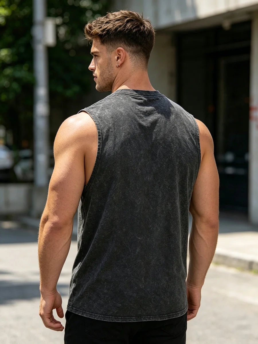 Men's Retro Washed Vest With Creative Dancing Devil Print Pure Cotton Casual Sleeveless T-Shirt Distressed Street Style Top