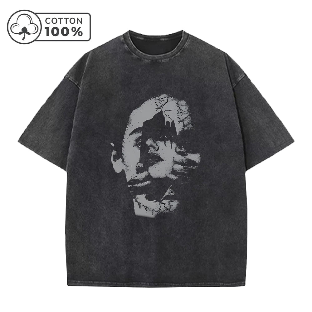 Men's Distressed Washed T-Shirt Personalized Face Print Retro Pure Cotton Short Sleeve Comfortable And Breathable Training Top
