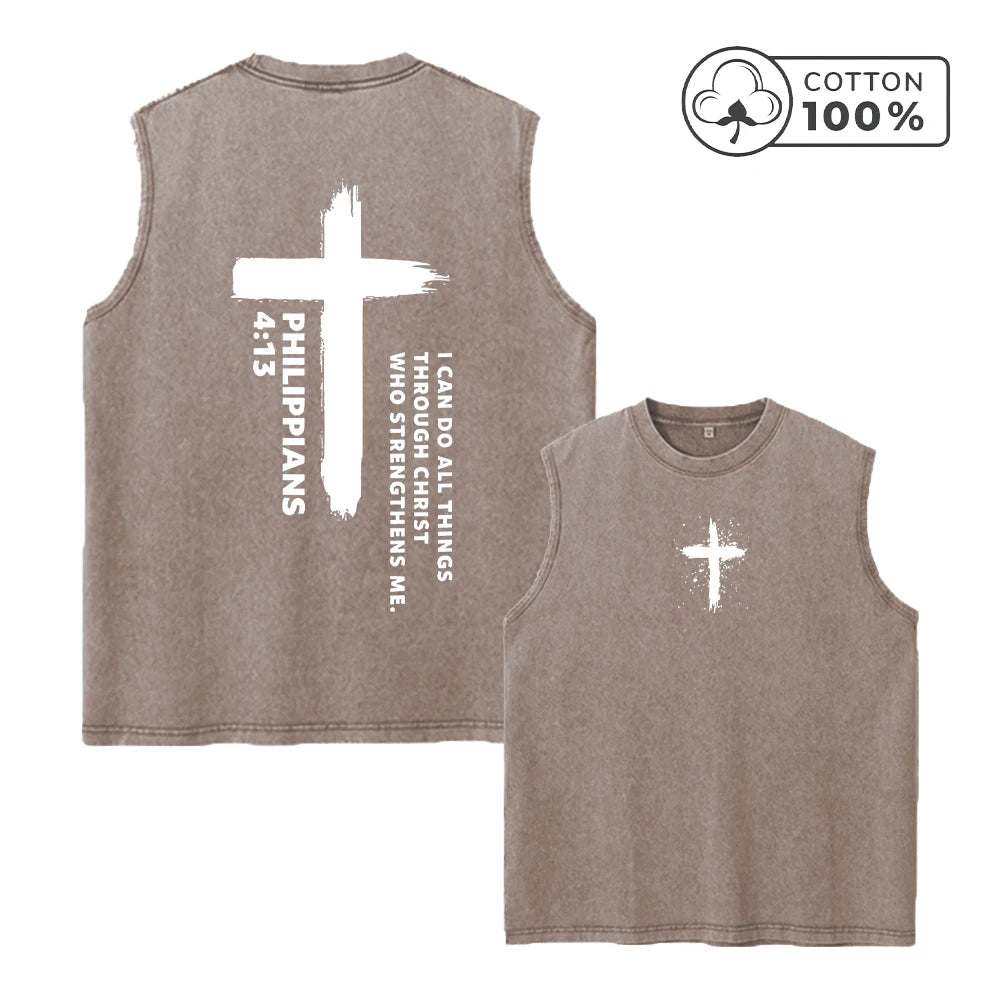 Men's Fashion Cross Print Retro Pure Cotton Washed Vest Summer Casual Sleeveless T-Shirt Daily Commute Outdoor Fitness Top