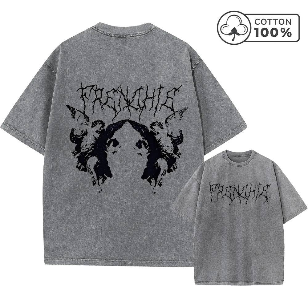 Men's Y2K Style Thorn Angel Print Retro Washed T-Shirt Summer Distressed Loose Casual Fashion Short Sleeved Fitness Commuter Top