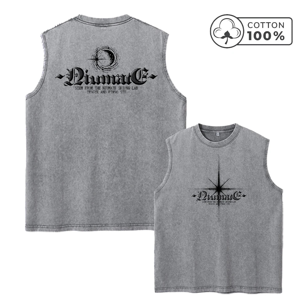 Men's Pure Cotton Washed Sleeveless Vest Trendy Starlight Print Top Retro Distressed Street Style Heavyweight Breathable Vest