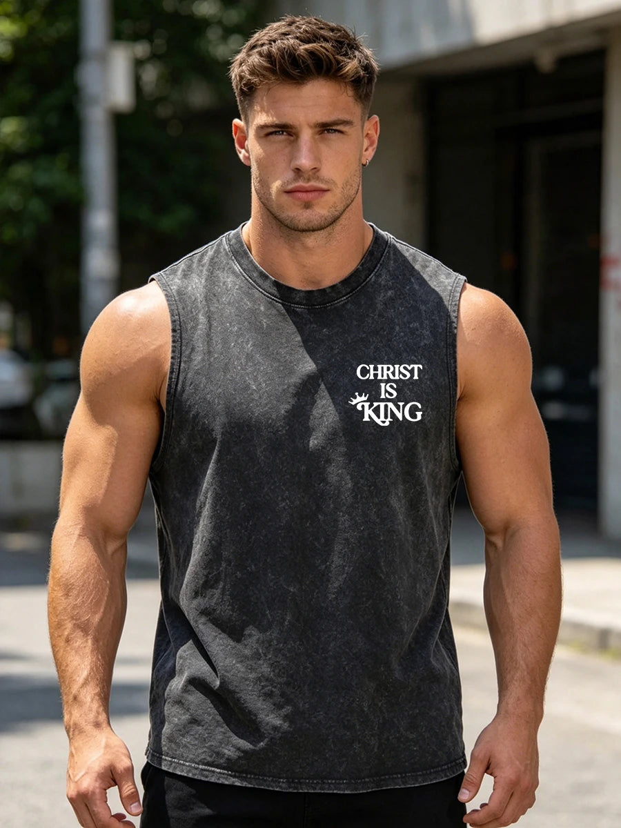 Men's Heavyweight Pure Cotton Washed Sleeveless Vest Trendy Crown And Sword Print Top Retro Distressed 2026 Street Style Vest