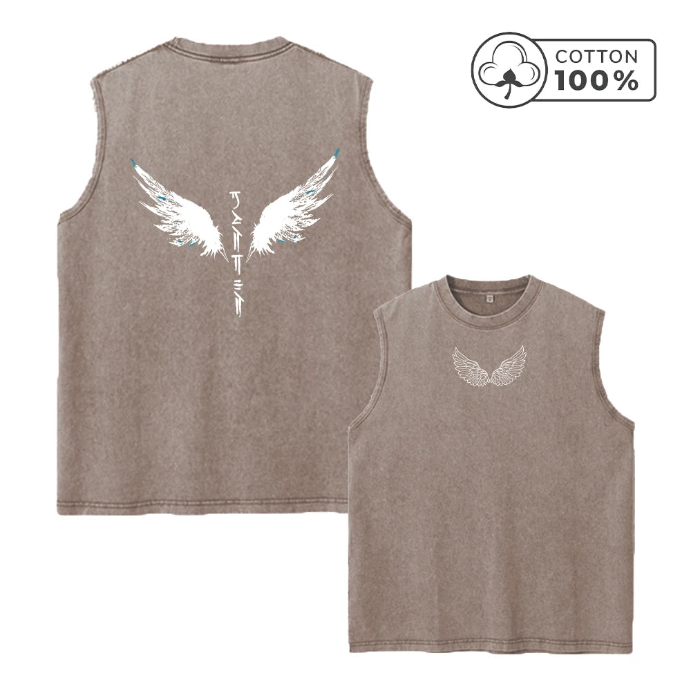 Men's Wing Print Retro Distressed Washed Vest Fashionable Street Style Pure Cotton Sleeveless Top Loose Casual Base Layer