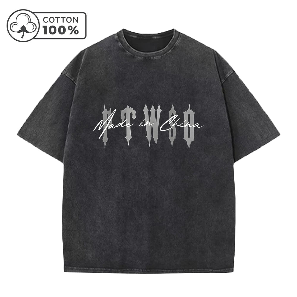 Men's Retro Washed T-Shirt Street Style Word Print Pure Cotton Short Sleeve Top Suitable For Daily Fitness Training And Commute