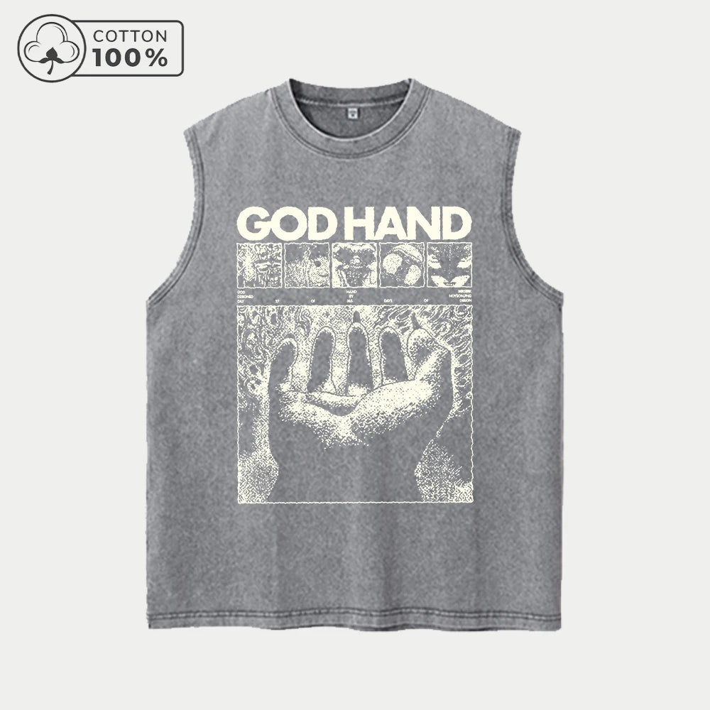 Men's Fashion God's Hand Print Washed Vest Loose Casual Pure Cotton Fitness Commuter Sleeveless Vest Summer Running Top