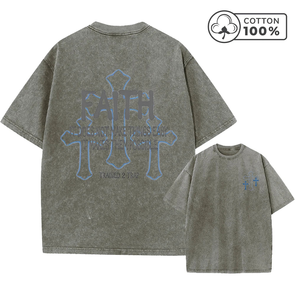 Men's Distressed Cross Print Retro Washed T-Shirt Summer Distressed Loose Casual Fashion Short Sleeve Gym And Commuter Top