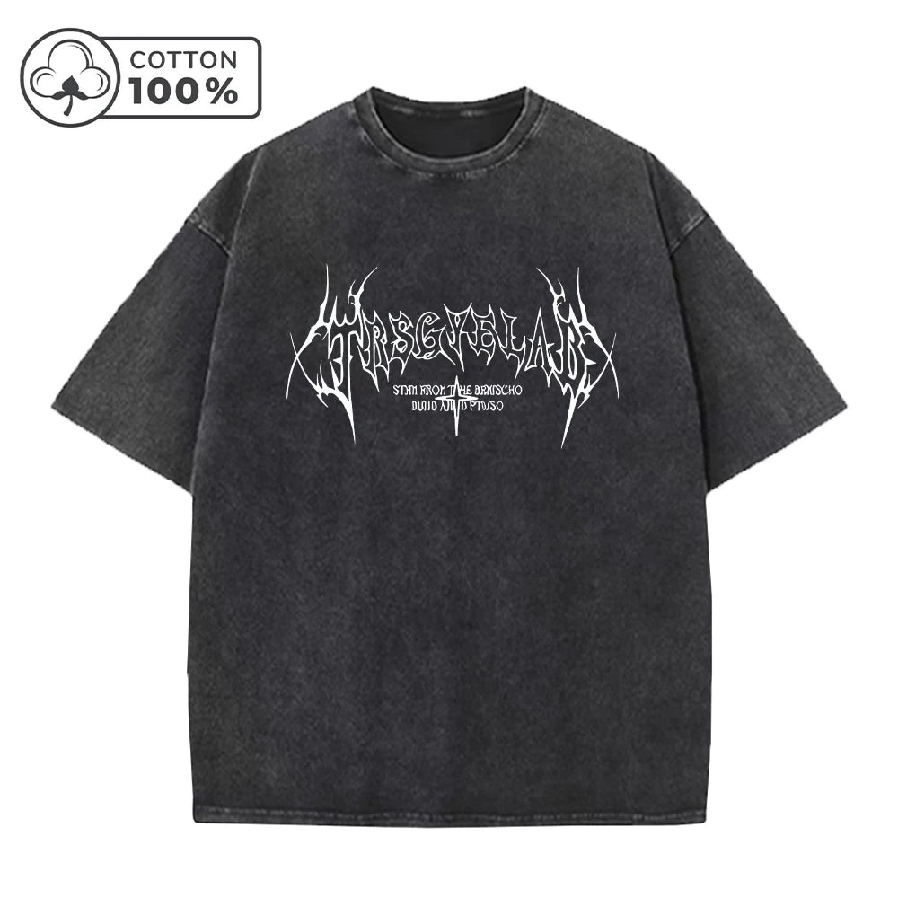 Men's Retro Distressed Washed T-Shirt Pure Cotton Loose Fit Casual Short Sleeve Dark Gothic Text Print Stylish Commuter Top