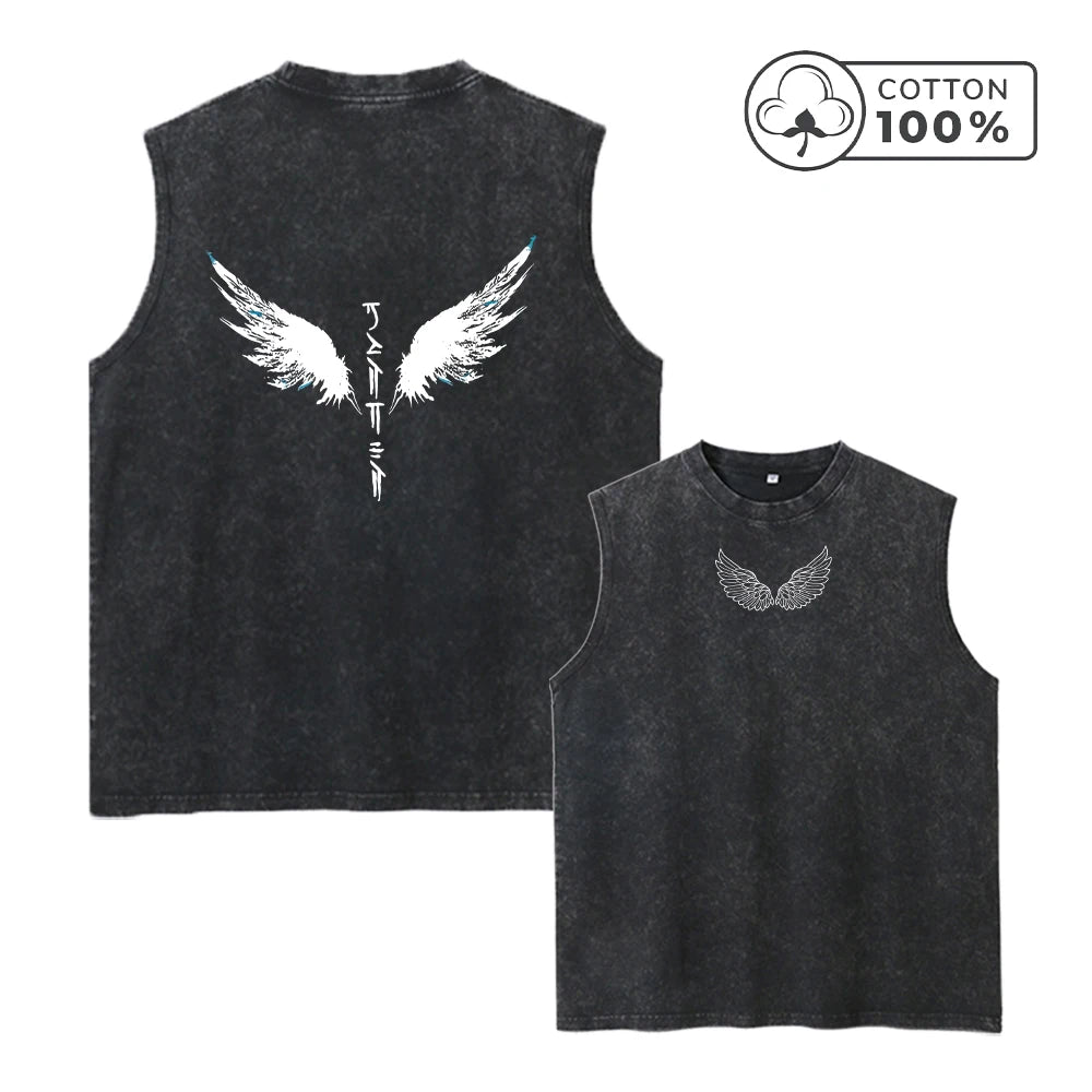 Men's Wing Print Retro Distressed Washed Vest Fashionable Street Style Pure Cotton Sleeveless Top Loose Casual Base Layer