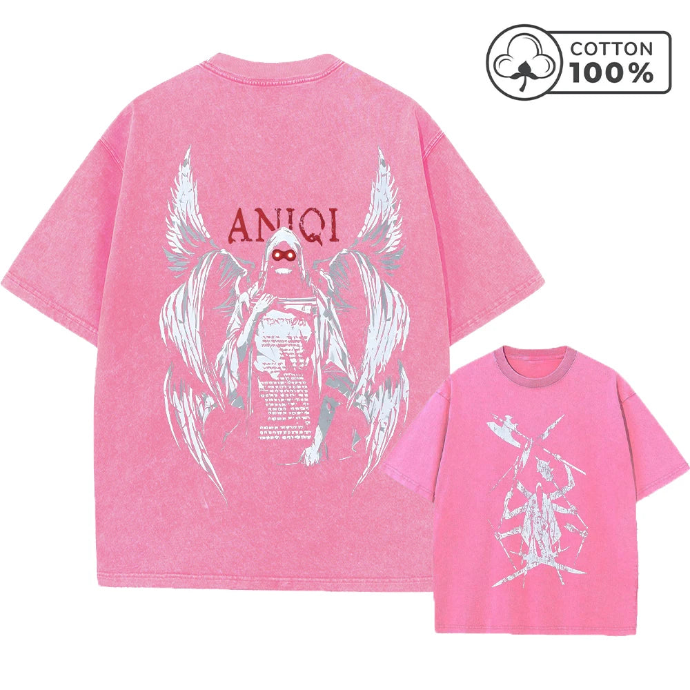 Men's Distressed Washed T-Shirt With Grim Reaper Print Retro Pure Cotton Short Sleeve Comfortable And Breathable Training Top