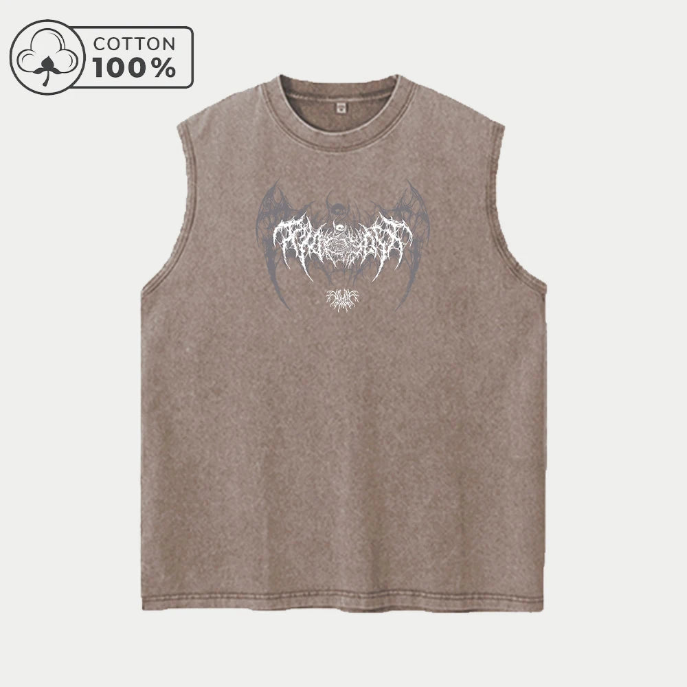 Men's Gothic Dark Wing Print Distressed Washed Vest Outdoor Running Cycling Pure Cotton Sleeveless Top Street Trend Vest