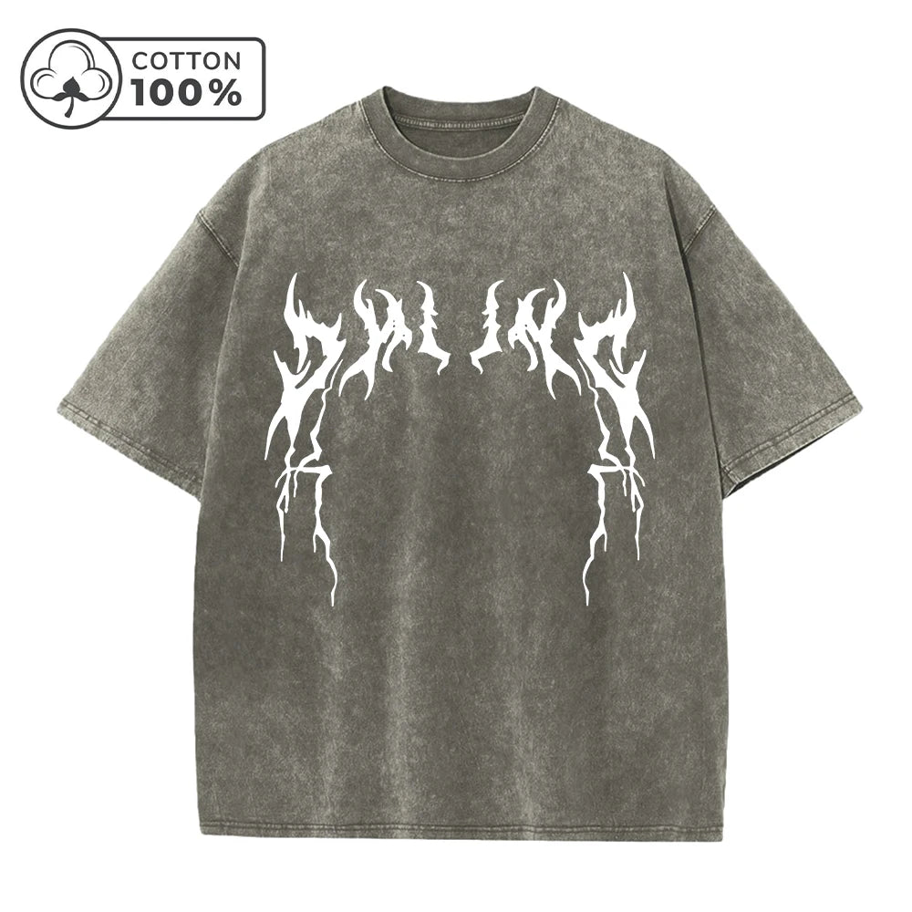 Men's Creative Thorn Print Washed T-Shirt Summer Distressed Loose Fitting Casual Fashion Short Sleeve Gym And Commuter Top