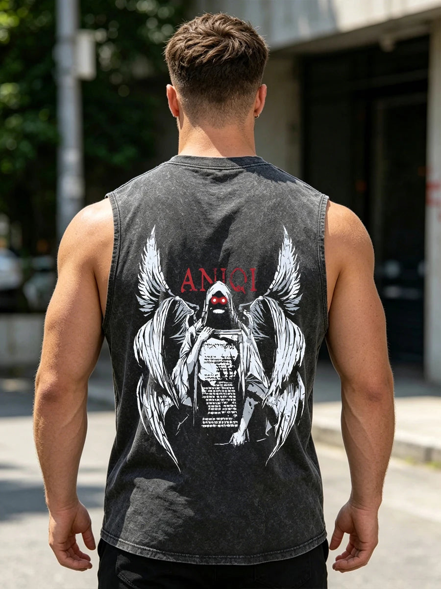 Men's Creative Eight Armed Death Print Washed Vest Loose Casual Pure Cotton Commuter Retro Sleeveless Vest Summer Running Top