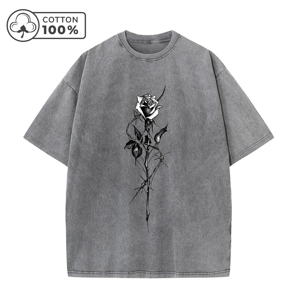 Men's Fashion Street Style Distressed Washed T-Shirt With Retro Rose Print Summer Casual Pure Cotton Breathable Short Sleeve Top