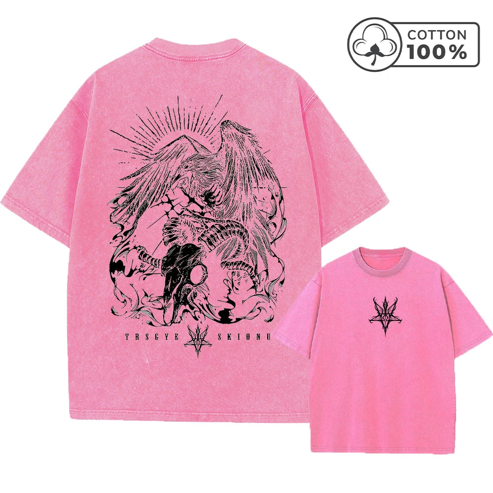 Men's Street Style Washed T-Shirt With Eagle And Ram's Head Print Retro Pure Cotton Short Sleeve Top Casual Daily Commute