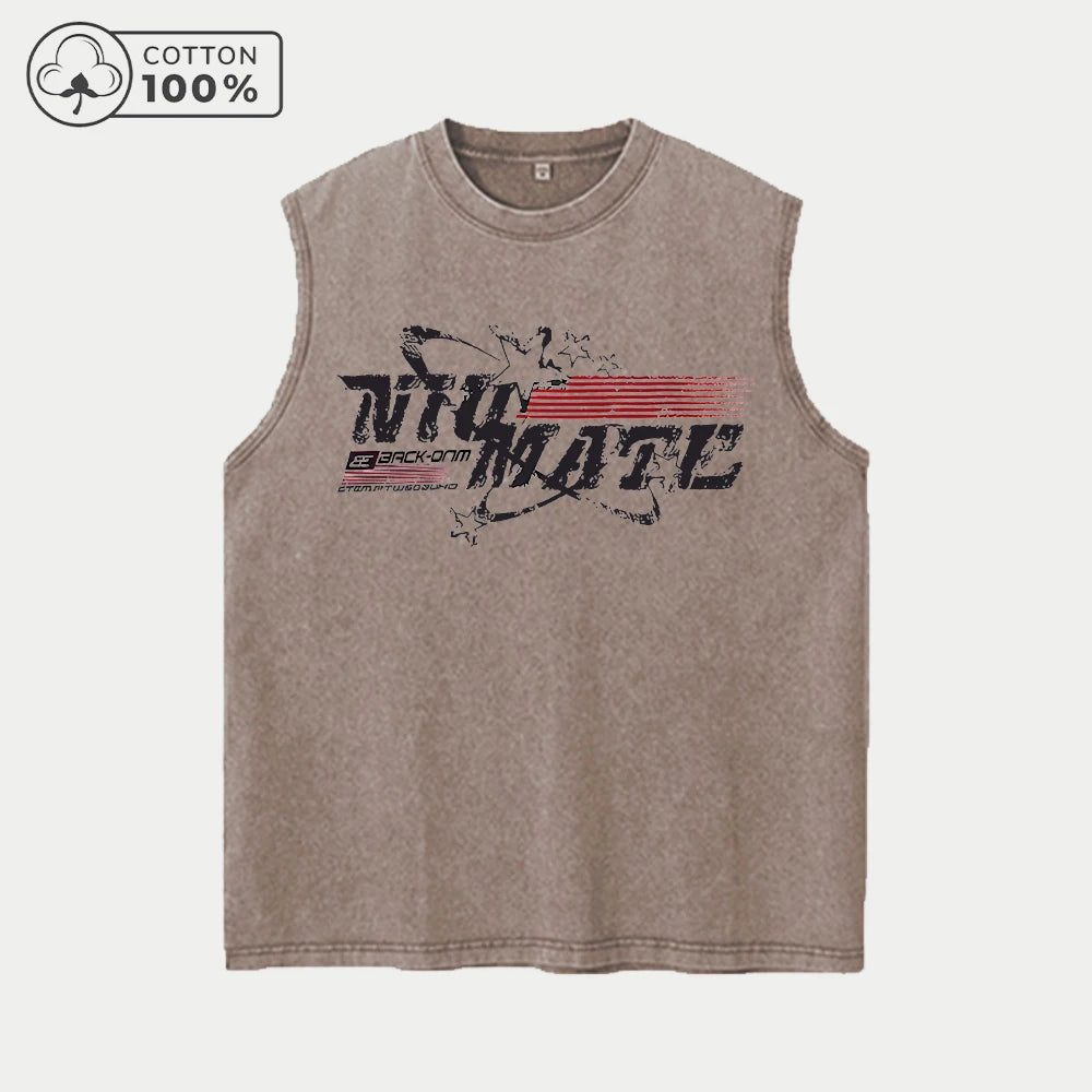 Men's Hollowed Out Text Print Washed Vest Retro Casual Pure Cotton Sleeveless Vest Summer Daliy Street Style Commute Loose Top