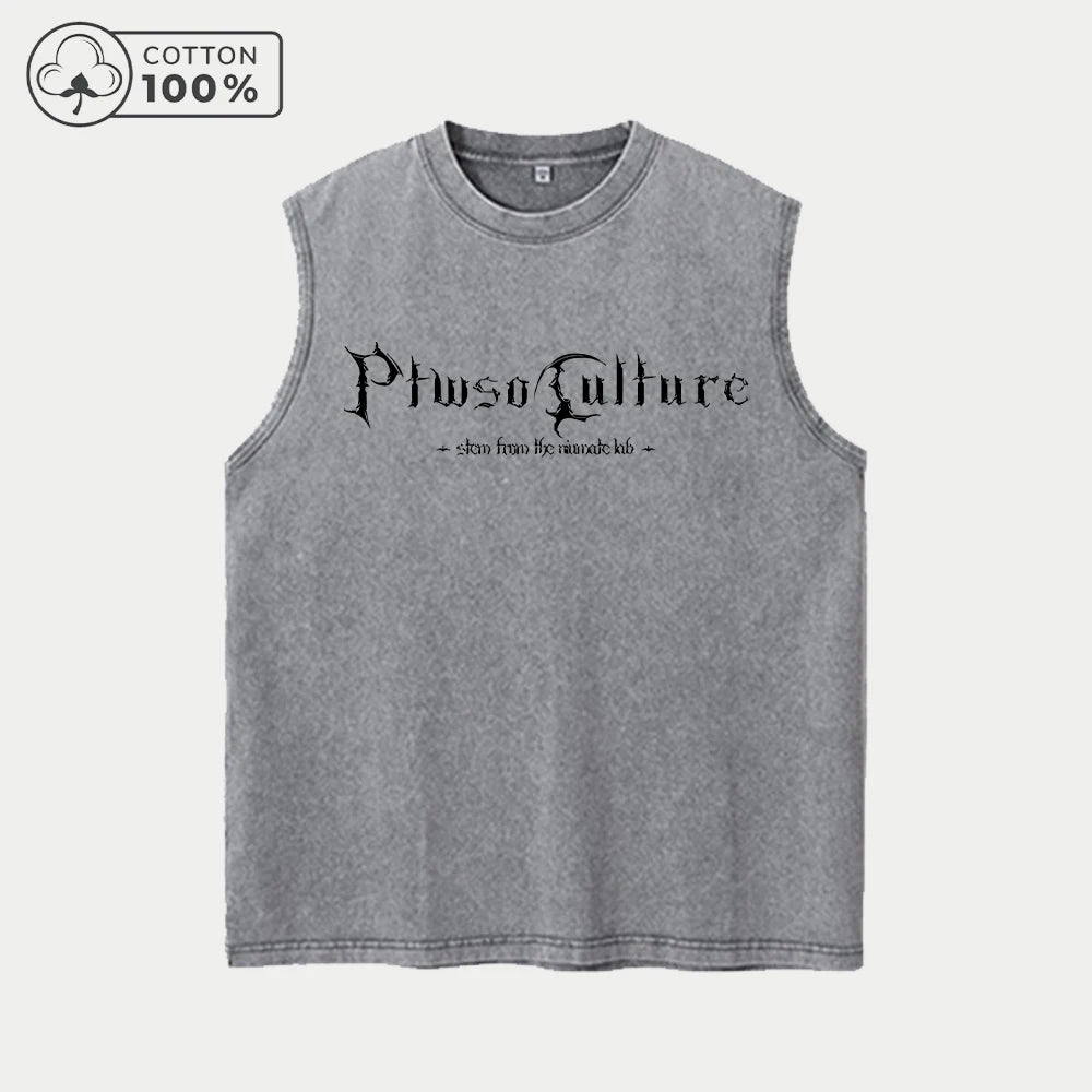 Men's Pure Cotton Washed Sleeveless Vest Creative Gothic Letter Print Top Retro Distressed 2026 Street Style Breathable Vest