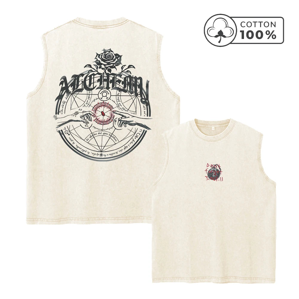 Men's Fashion Retro Washed Vest Summer Fitness Loose Casual Sleeveless T-Shirt With Personalized Pattern Print Pure Cotton Vest