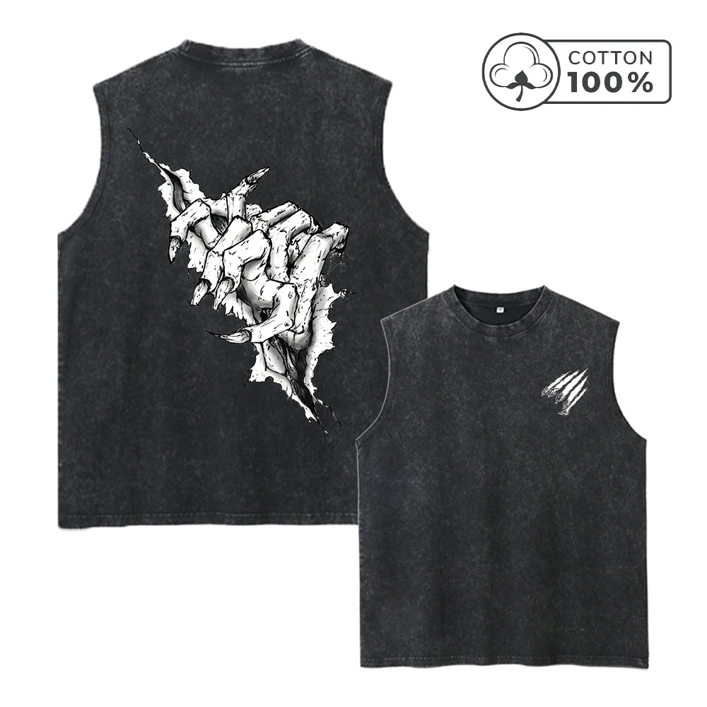 Men's Unique Claw Print Washed Vest Loose Casual Pure Cotton Fitness Commuter Retro Sleeveless Vest Summer Running Top