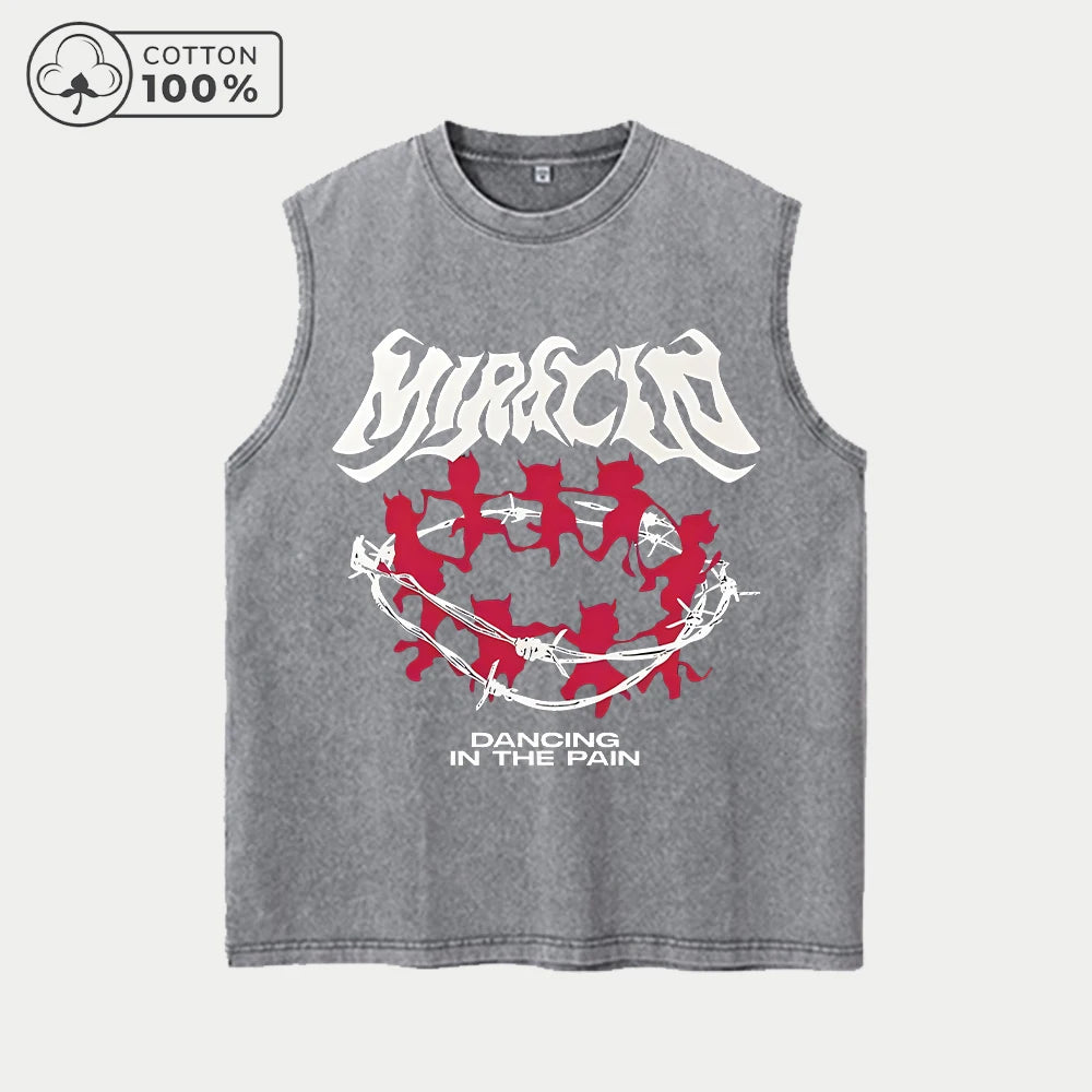Men's Retro Washed Vest With Creative Dancing Devil Print Pure Cotton Casual Sleeveless T-Shirt Distressed Street Style Top
